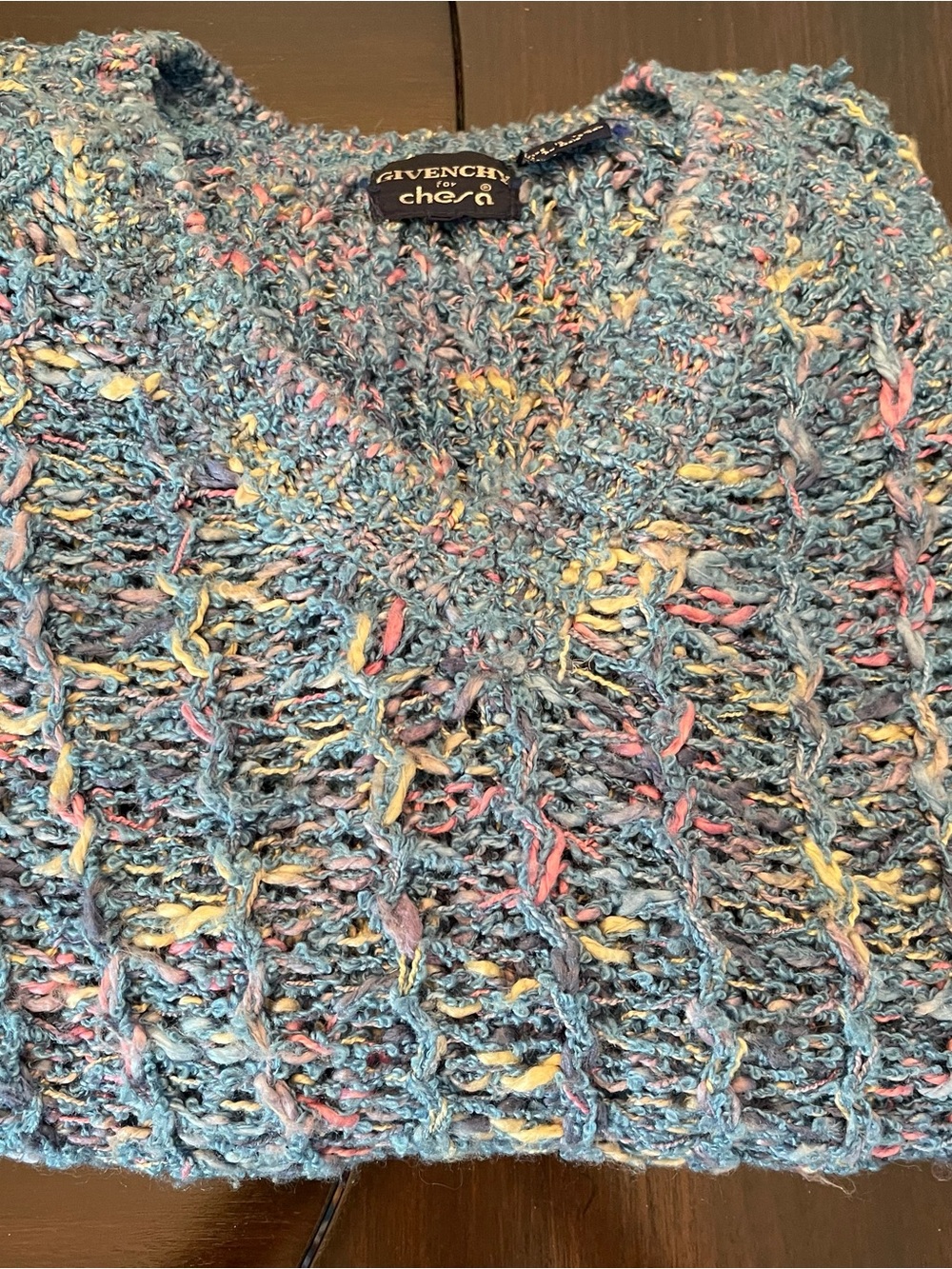 Givenchy Blue Multi-Colour Open Knit V-Neck Sweater